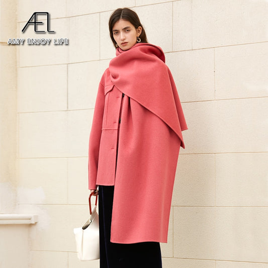 100% Wool Woolen Coat With Belt Spring Autumn Jacket For Women Solid With Scarf Warm Fashion Streetwear